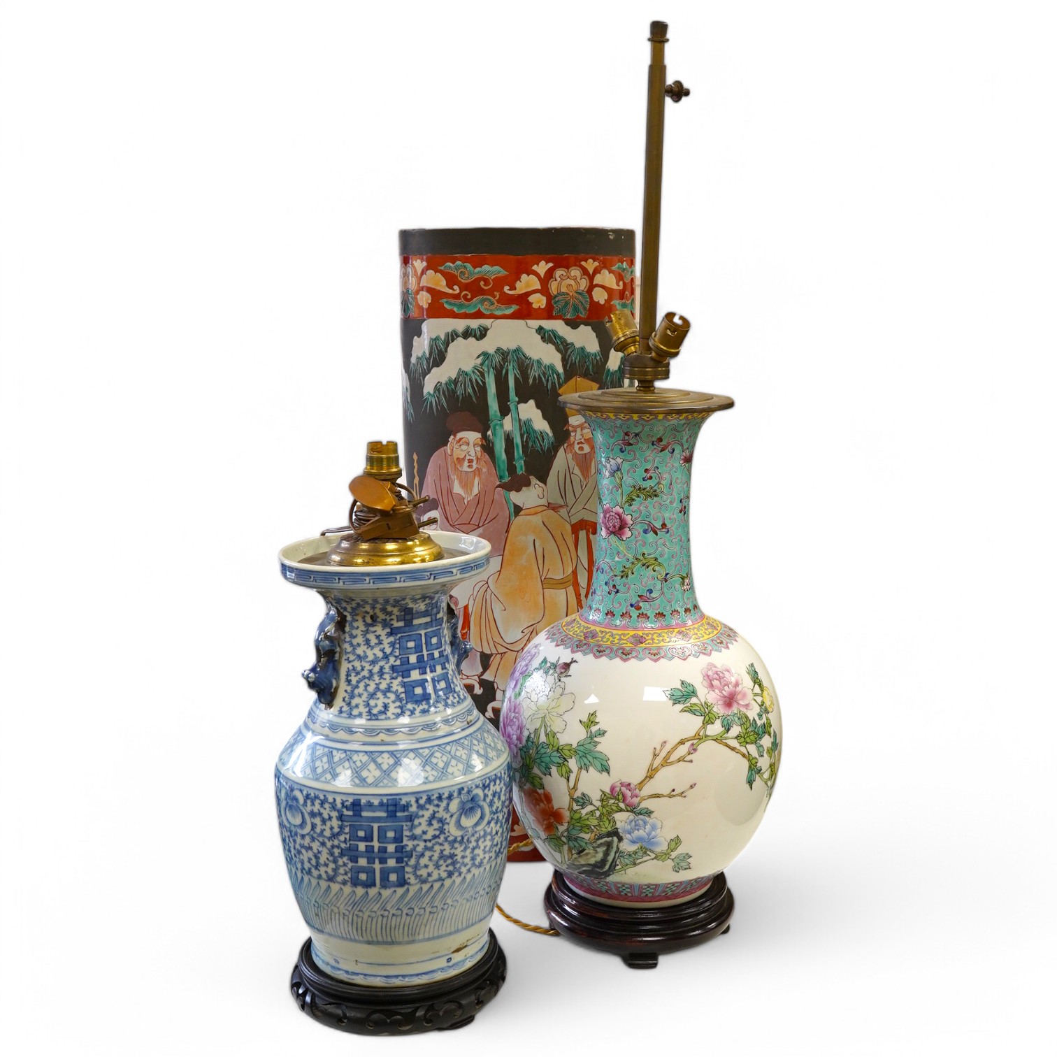 Two Chinese porcelain vases converted to lamps, together with a stick stand (repaired), largest 78cm high overall. Condition - lamps fair to good